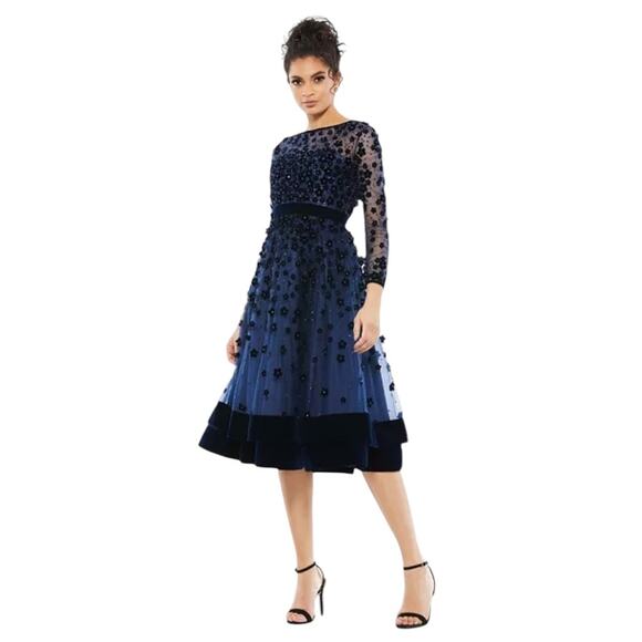 *Mac Duggal Navy Embellished Illusion High Neck Long Sleeve Fit Flare Dress – Sz - Picture 2 of 10